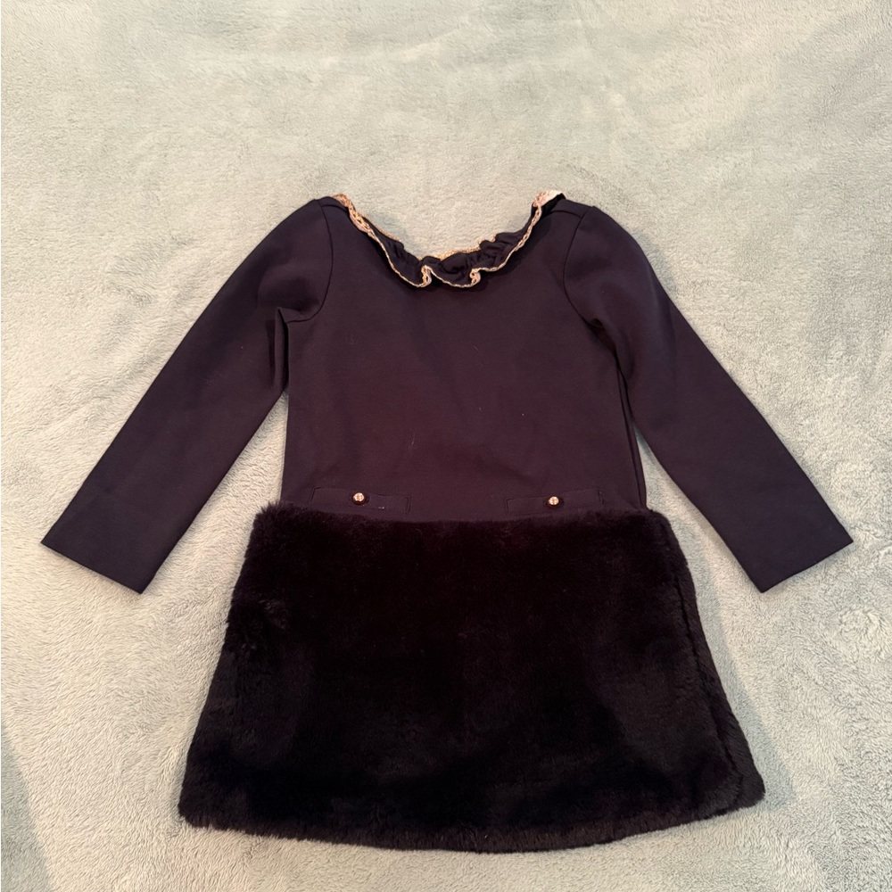 Janie And Jack Faux Fur Ponte Dress Navy Blue Size 3